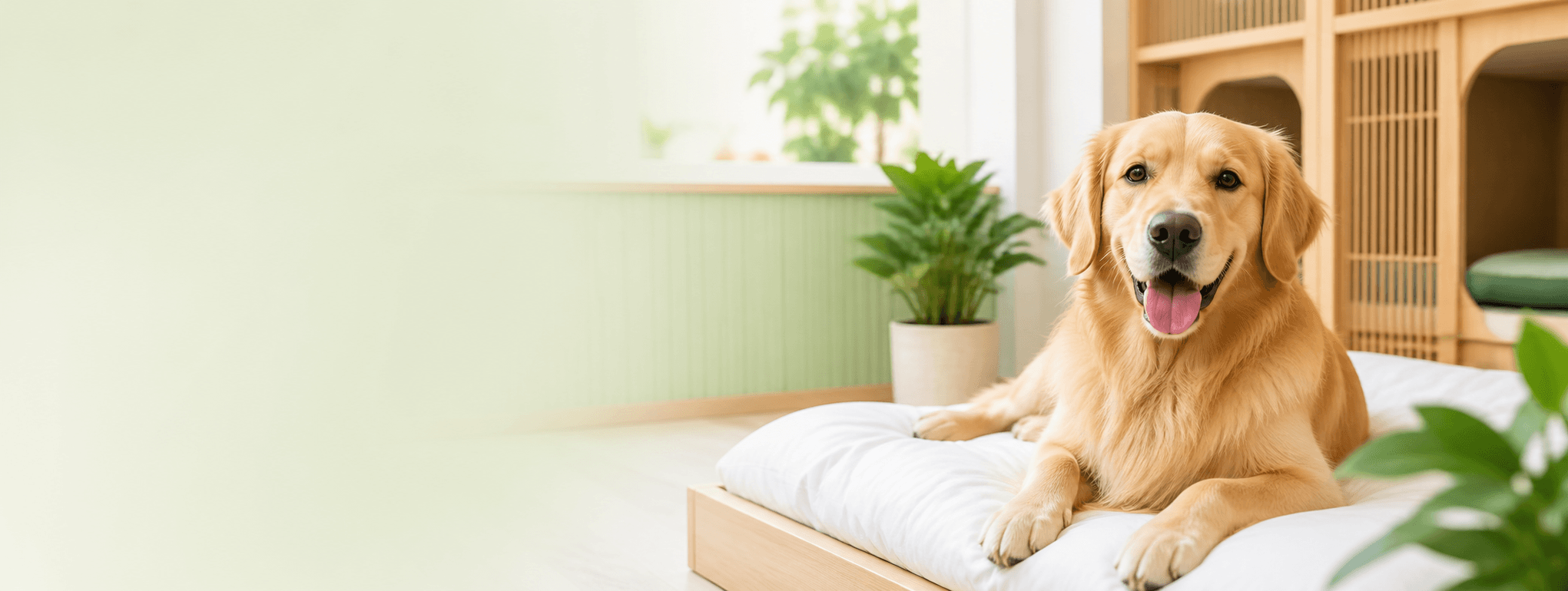 A calm dog resting in a bright pet hotel room
